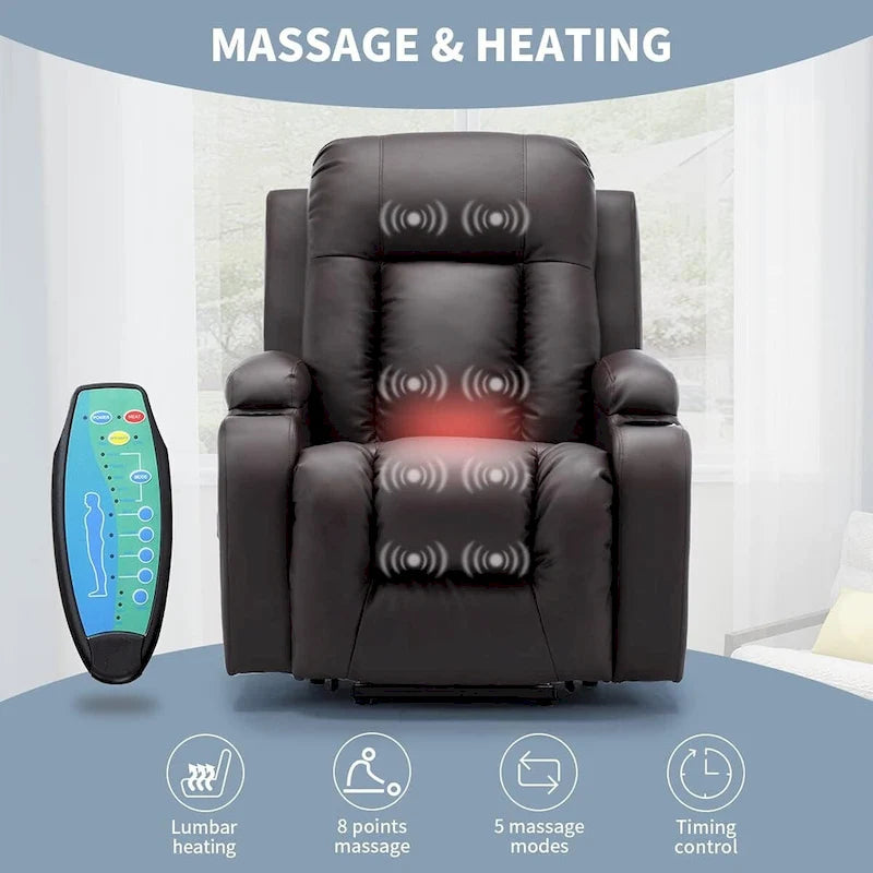 Fauteuil inclinable releveur avec fonction massage et chauffage, en cuir PU, porte-gobelets, port USB, marron et noir