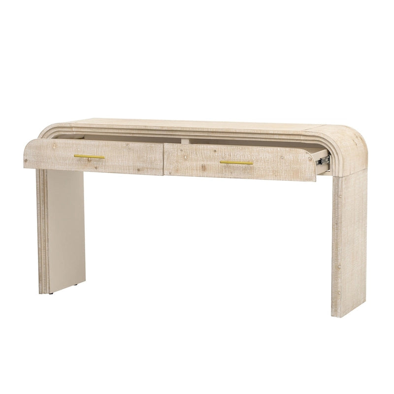 Console incurvée de style rétro avec deux tiroirs, détails cannelés, bois naturel noir antique