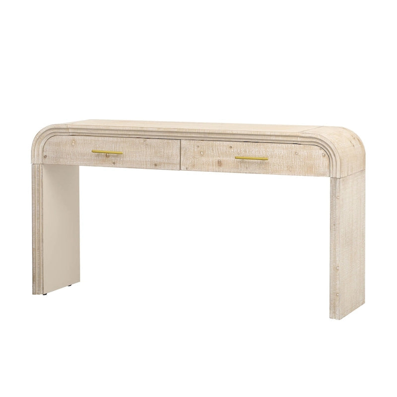 Console incurvée de style rétro avec deux tiroirs, détails cannelés, bois naturel noir antique