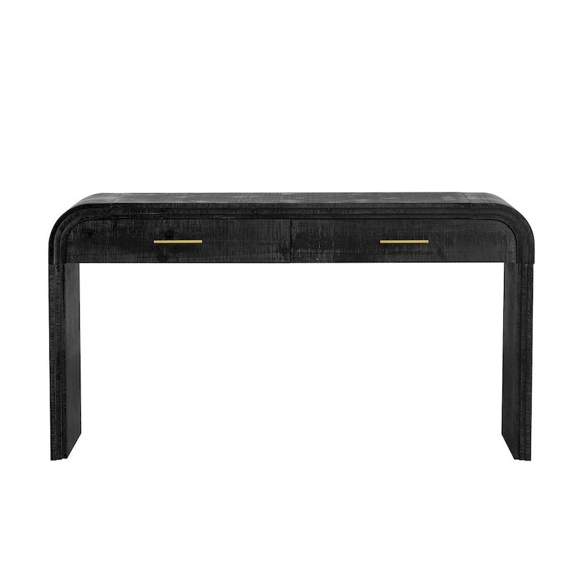 Console incurvée de style rétro avec deux tiroirs, détails cannelés, bois naturel noir antique