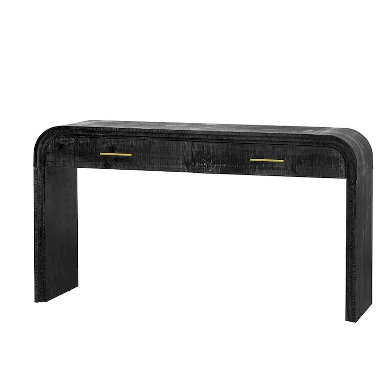 Console incurvée de style rétro avec deux tiroirs, détails cannelés, bois naturel noir antique