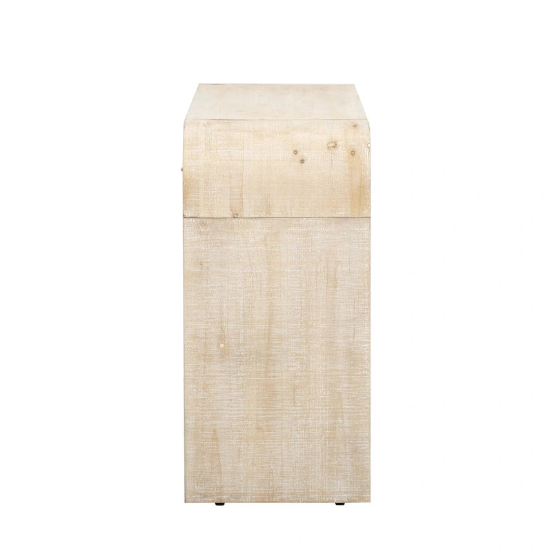 Console incurvée de style rétro avec deux tiroirs, détails cannelés, bois naturel noir antique