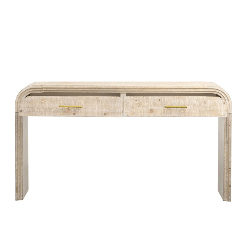 Console incurvée de style rétro avec deux tiroirs, détails cannelés, bois naturel noir antique