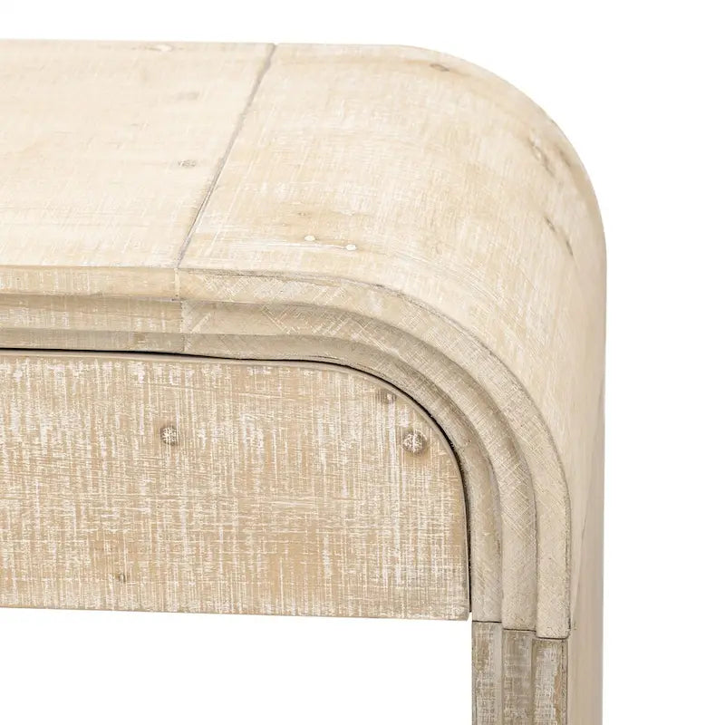 Console incurvée de style rétro avec deux tiroirs, détails cannelés, bois naturel noir antique