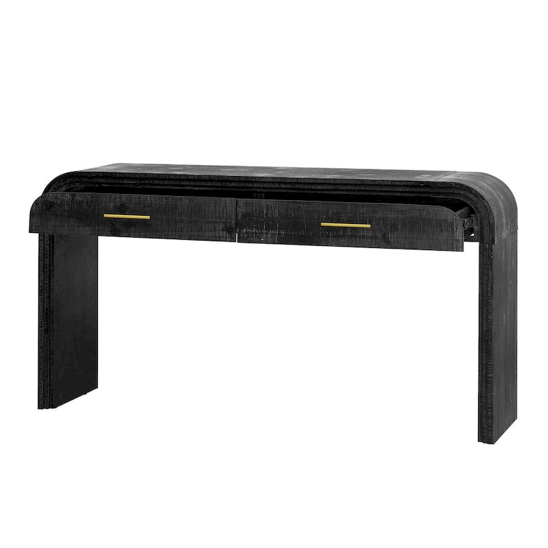 Console incurvée de style rétro avec deux tiroirs, détails cannelés, bois naturel noir antique