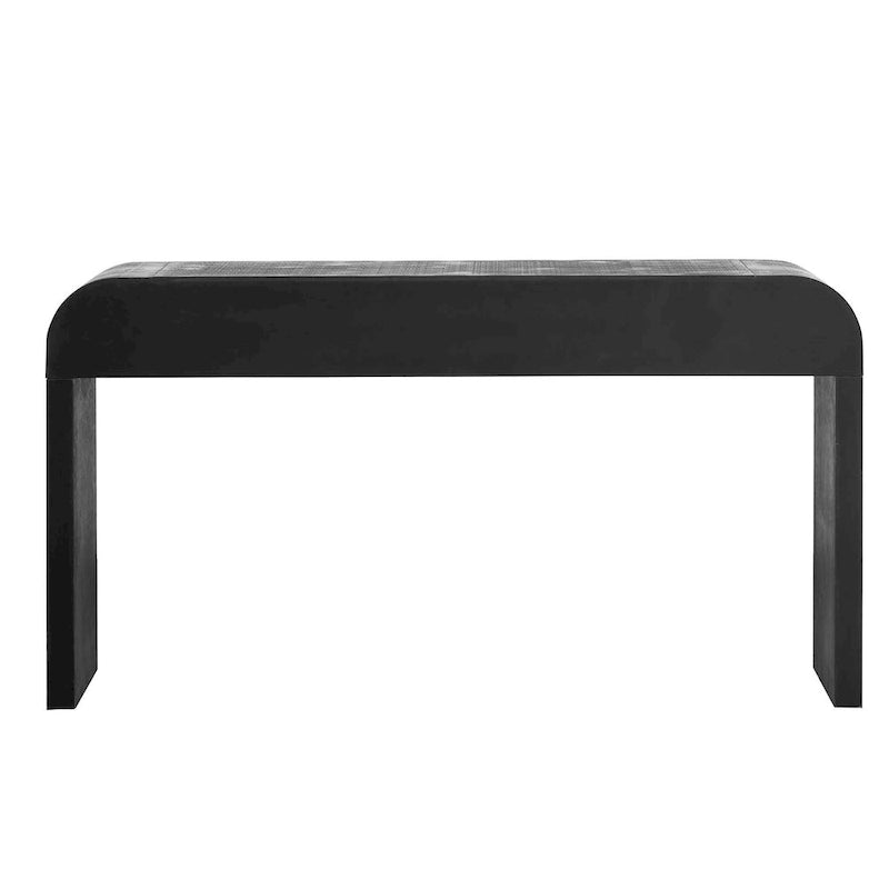 Console incurvée de style rétro avec deux tiroirs, détails cannelés, bois naturel noir antique