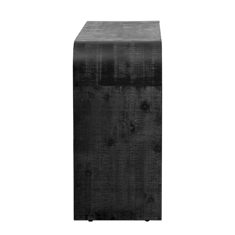 Console incurvée de style rétro avec deux tiroirs, détails cannelés, bois naturel noir antique