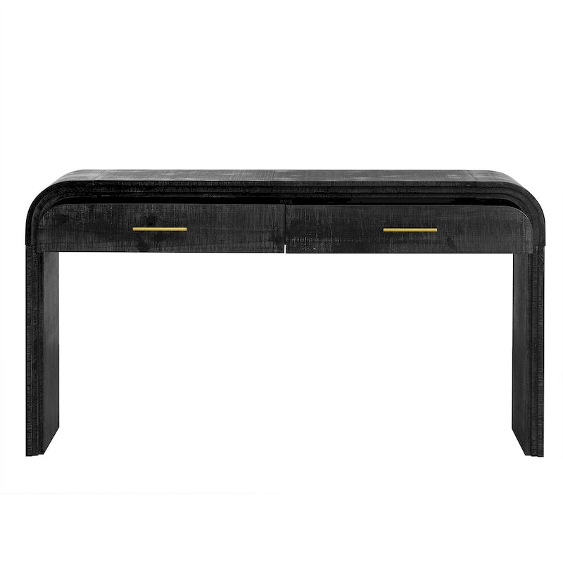 Console incurvée de style rétro avec deux tiroirs, détails cannelés, bois naturel noir antique