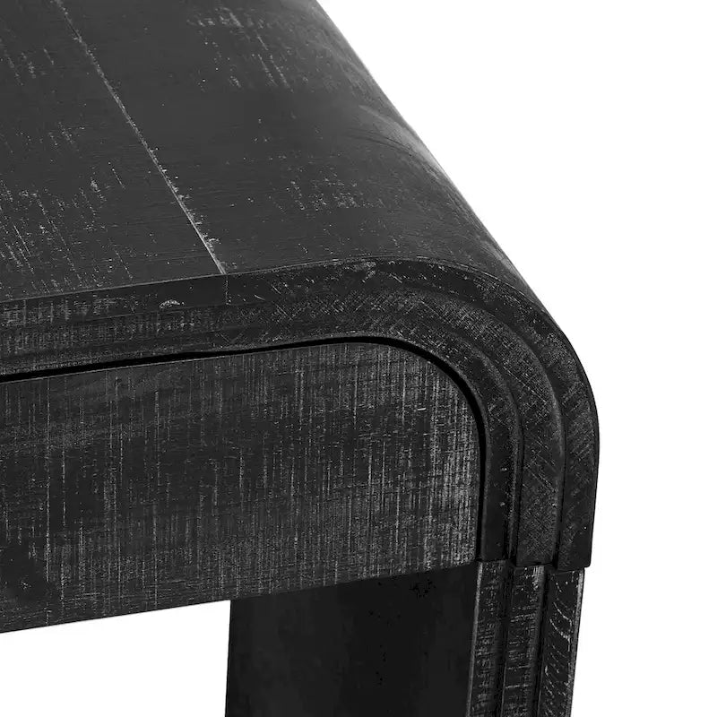 Console incurvée de style rétro avec deux tiroirs, détails cannelés, bois naturel noir antique