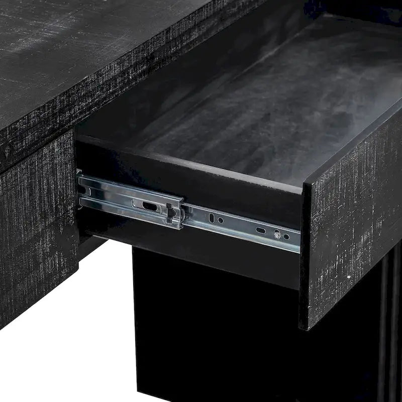 Console incurvée de style rétro avec deux tiroirs, détails cannelés, bois naturel noir antique