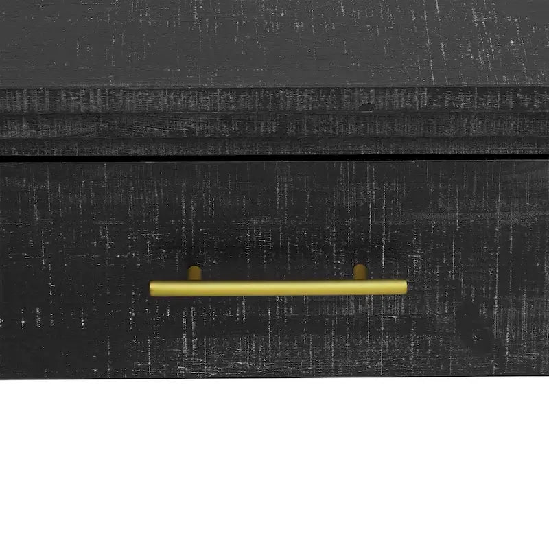 Console incurvée de style rétro avec deux tiroirs, détails cannelés, bois naturel noir antique