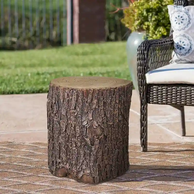 Table d'appoint souche de faux chêne marron en GFRC, tabouret de jardin, décor extérieur
