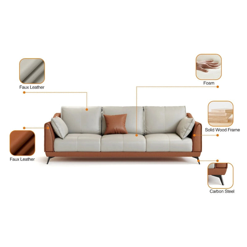Canapé moderne trois places en similicuir avec pieds métalliques, accent orange