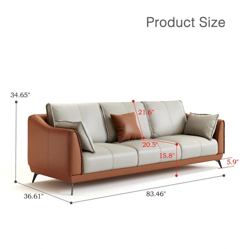 Canapé moderne trois places en similicuir avec pieds métalliques, accent orange