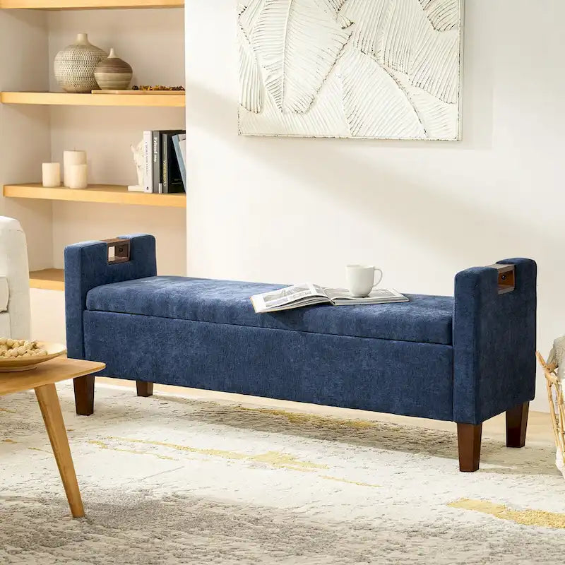Banc de rangement capitonné avec pieds en bois massif et poignées intégrées