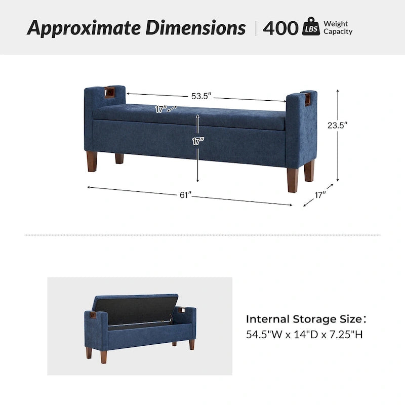 Banc de rangement capitonné avec pieds en bois massif et poignées intégrées