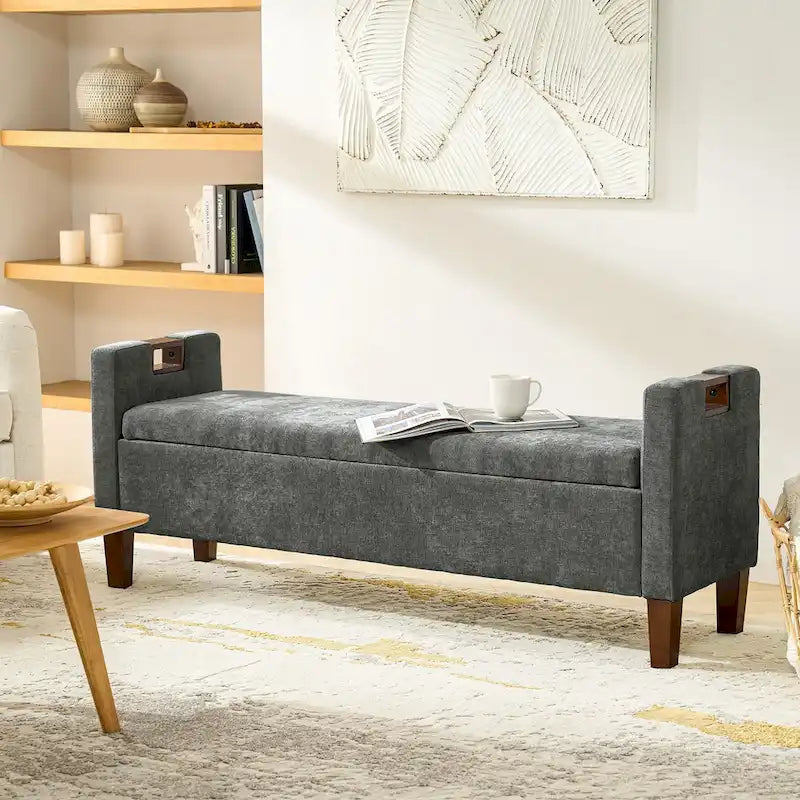 Banc de rangement capitonné avec pieds en bois massif et poignées intégrées