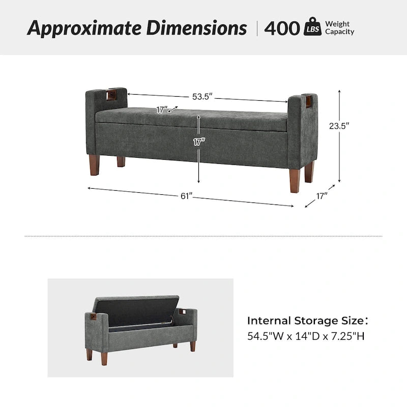 Banc de rangement capitonné avec pieds en bois massif et poignées intégrées