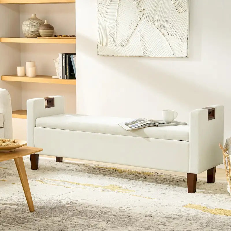Banc de rangement capitonné avec pieds en bois massif et poignées intégrées