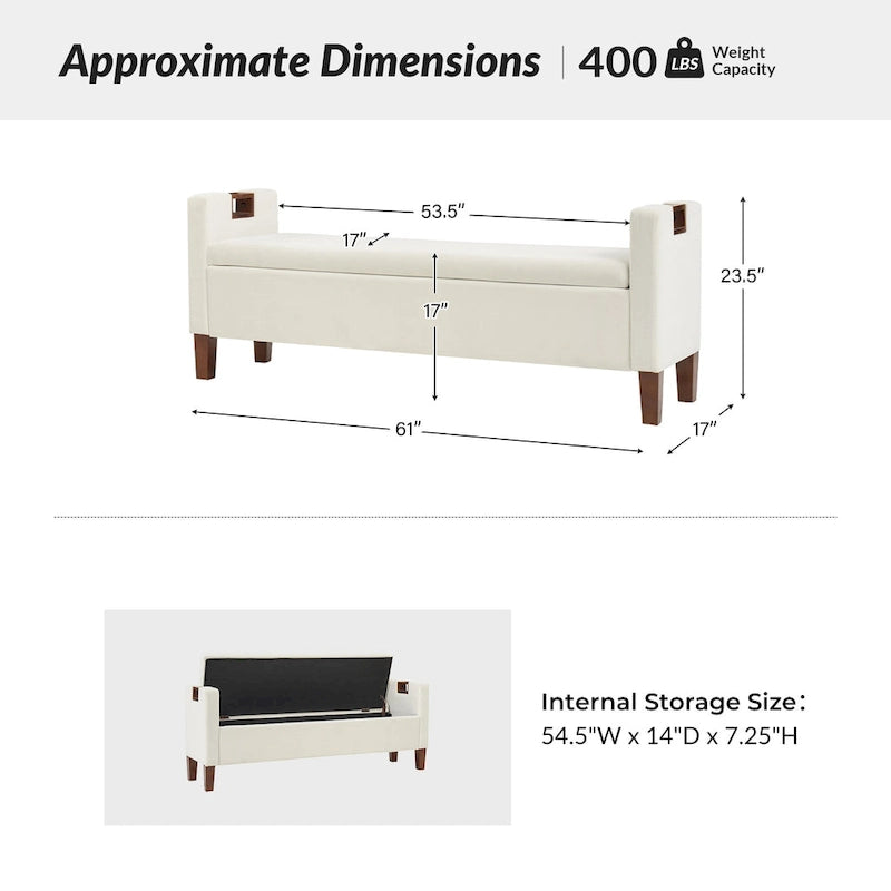 Banc de rangement capitonné avec pieds en bois massif et poignées intégrées