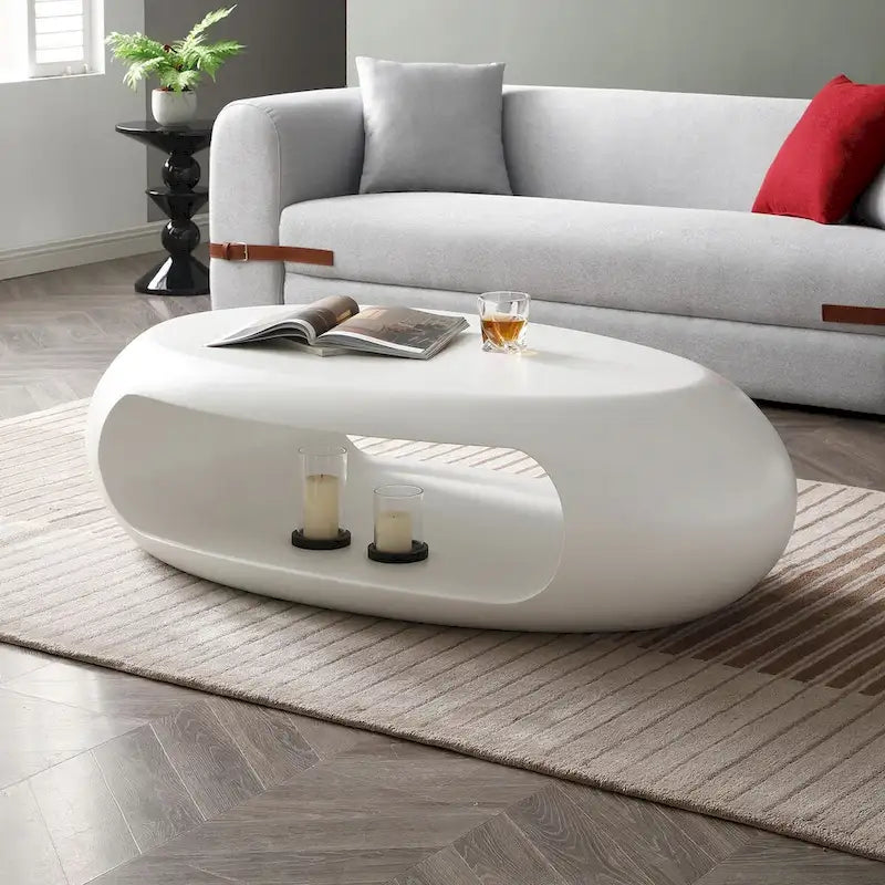 Table basse ovale creuse en fibre de verre blanche et noire, table centrale de salon moderne